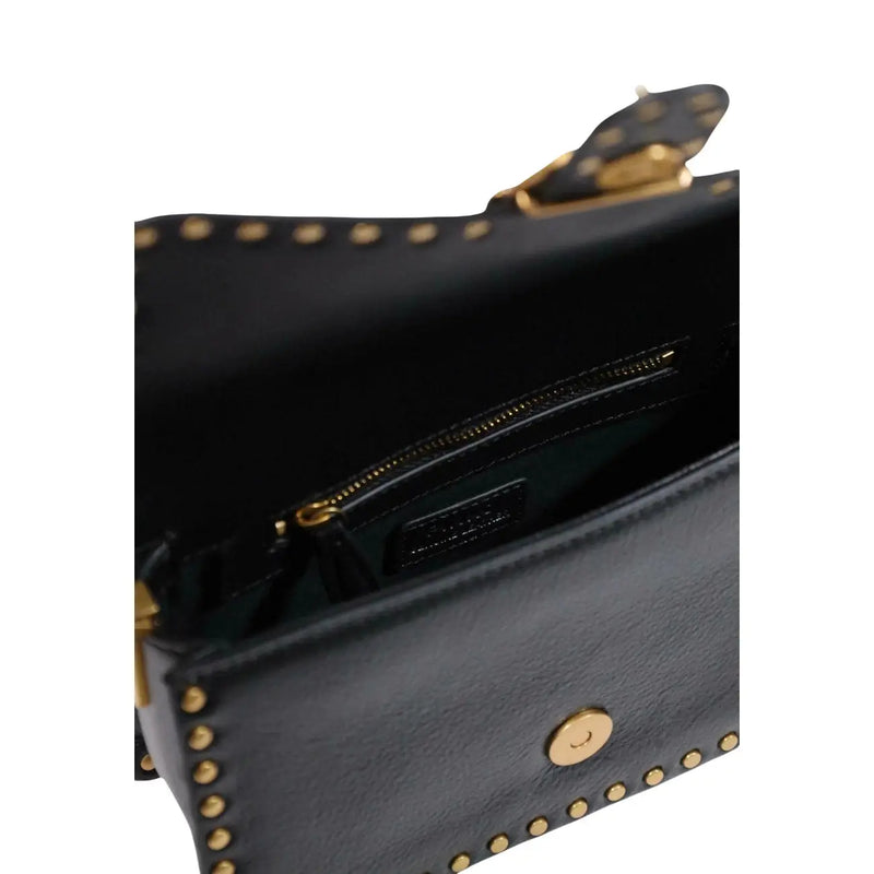 Pinko Schwarze, kleine, kleine Umhängetasche aus Leder für Damen (27 cm breit) mit goldfarbenen Beschlägen und Ziernieten