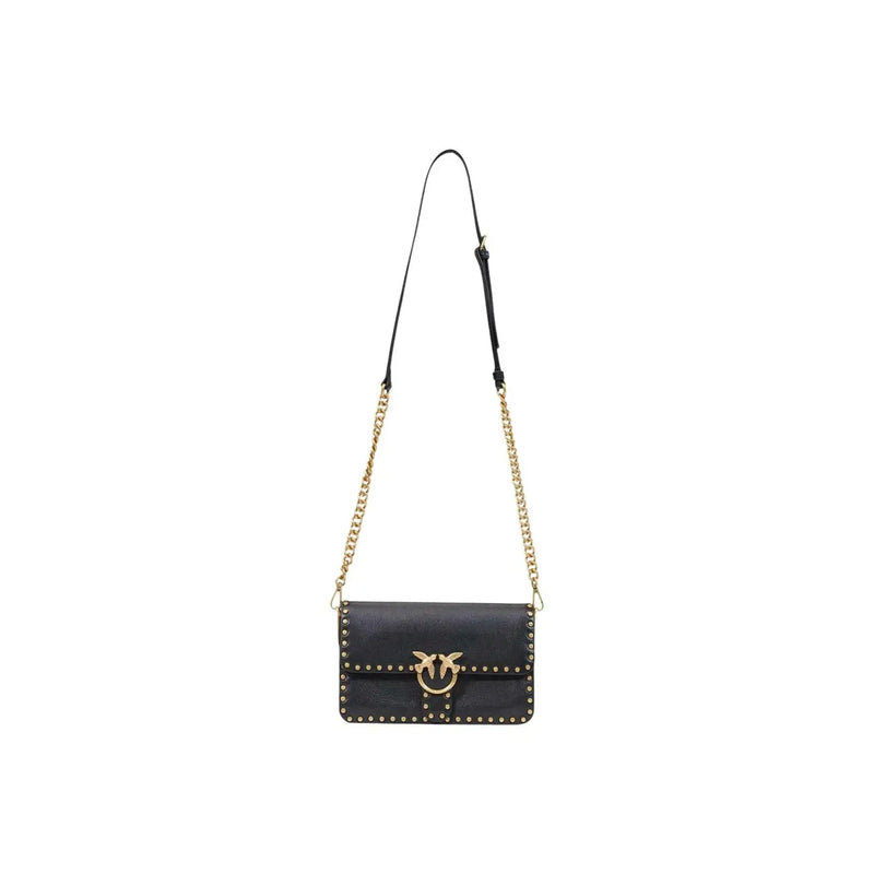 Pinko Schwarze, kleine Damen-Ledertasche mit Nieten, 27 cm breit, goldfarbene Nieten, vogelförmiger Verschluss und Ketten-Leder-Riemen