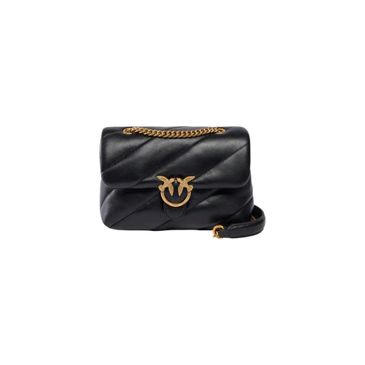 Pinko Damen-Umhängetasche aus Leder, 22 cm, schwarzes gestepptes Leder mit goldfarbener Kette und vogelförmigem Verschluss