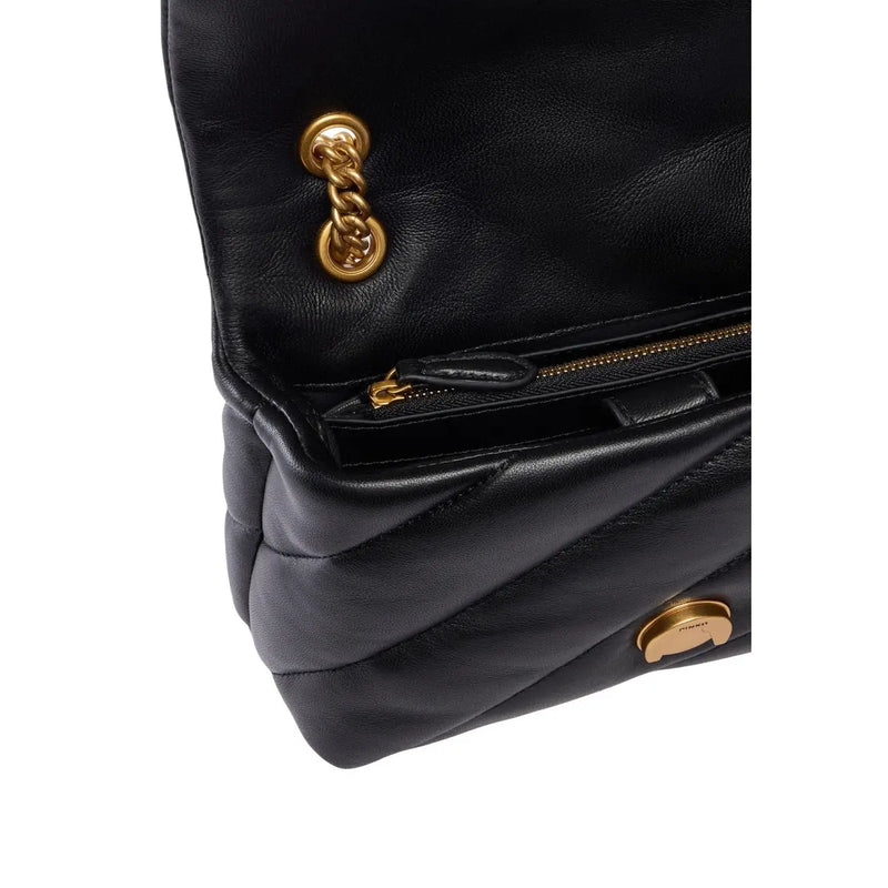 Pinko Schwarze Damen-Umhängetasche aus Leder, 22 cm, mit gestepptem Leder und goldfarbenen Kettenbeschlägen