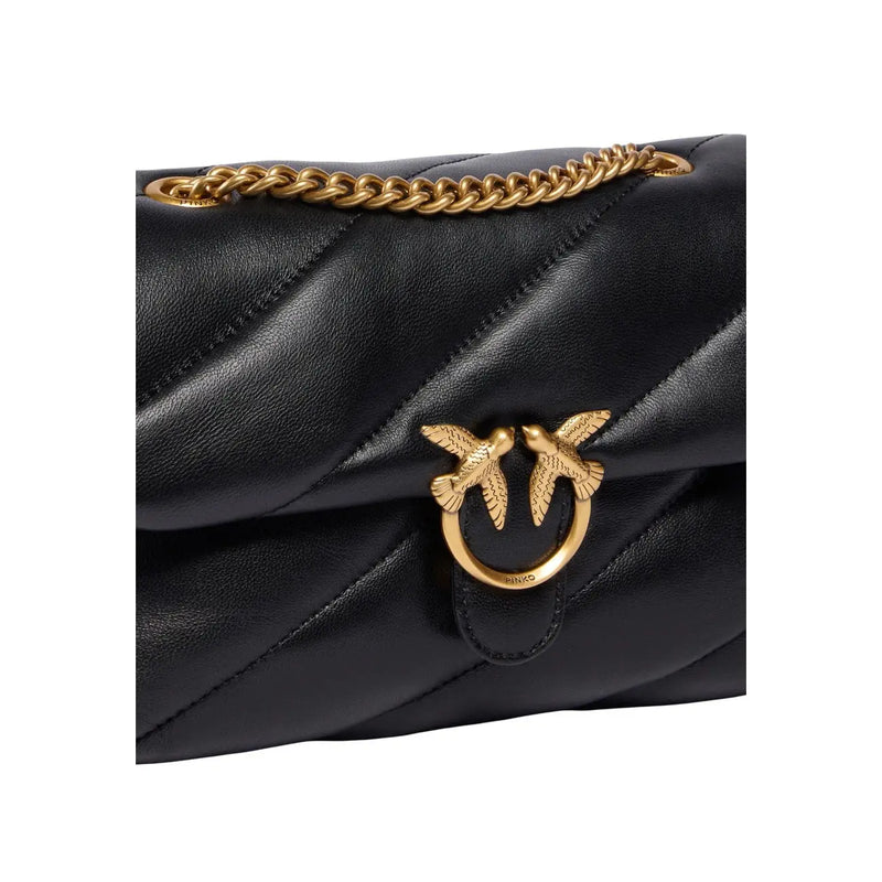 Pinko Schwarze Damen-Umhängetasche aus Leder, 22 cm, mit gestepptem Design, goldfarbenem Kettenriemen und vogelförmigem Verschluss