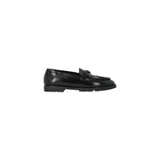Pinko women leather slip on shoes black classic featuring black patent leather loafer with metallic logo front