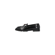 Pinko women leather slip on shoes in black featuring patent leather, metallic buckle, and chunky rubber sole