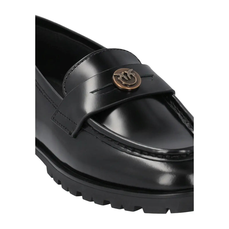 Pinko women leather slip on shoes black classic with black patent leather loafer and bronze circular logo emblem on strap