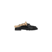 Pinko women leather slippers black slip featuring black leather mule design with tan shearling lining and metallic horsebit detail