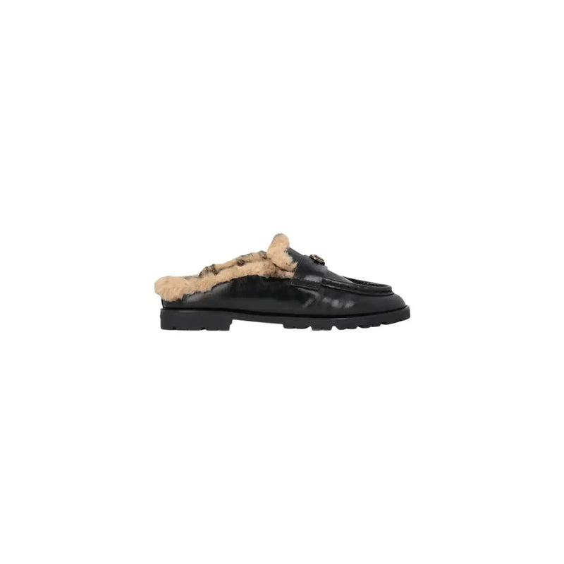 Pinko women leather slippers black slip featuring black leather mule design with tan shearling lining and metallic horsebit detail