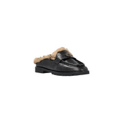 Pinko women leather slippers black slip moccasin with tan shearling lining and gold-tone logo emblem