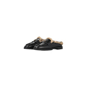 Pinko women leather slippers black slip featuring black leather mules with tan faux fur lining and metallic logo buckle