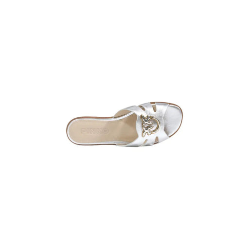 Pinko Silberne Damen-Lederpantoffeln von Milly Summer mit silberfarbenem Metallic-Schieber, goldener Logoschnalle und Cut-Out-Details