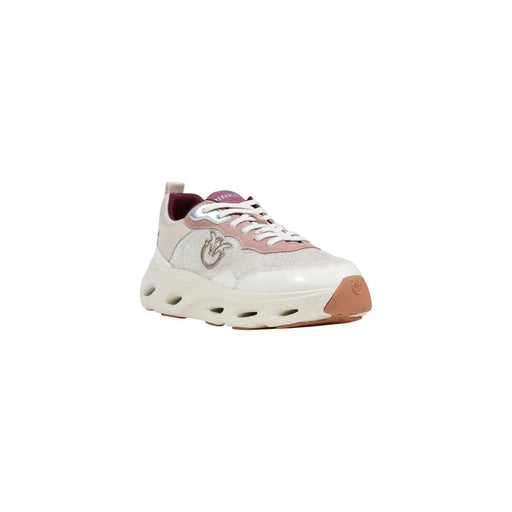Pinko Beigefarbene Damen-Sneaker aus Leder, Schnürschuhe, cremefarbene Chunky-Sneaker mit pink-burgunderfarbenem Mesh-Obermaterial und Gummisohle
