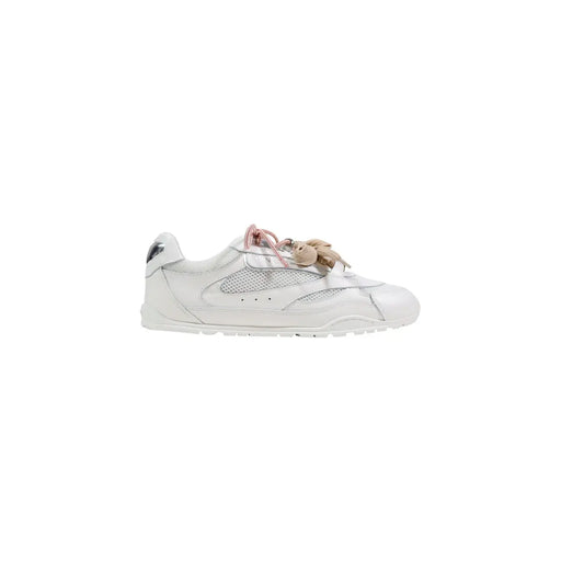 Pinko Weiße Damen-Sneaker aus Leder mit Schnürung, Mesh-Einsätzen, rosa Schnürung und silberfarbenen Metallic-Verzierungen an der Ferse.