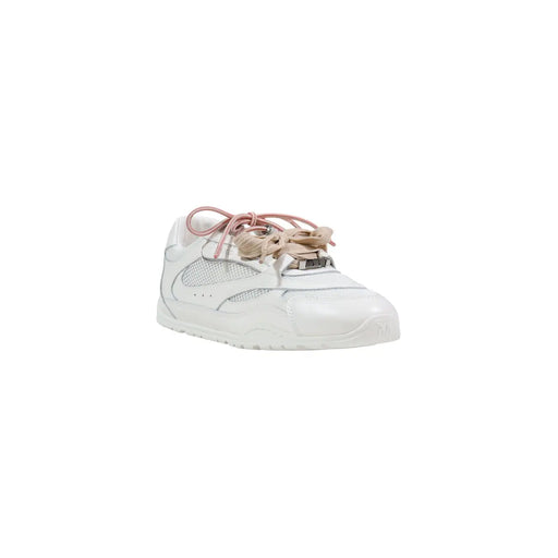 Pinko Weiße Damen-Sneaker aus Leder mit rosa-beigen Schnürsenkeln, glänzender Lackleder-Zehenkappe und Mesh-Einsätzen