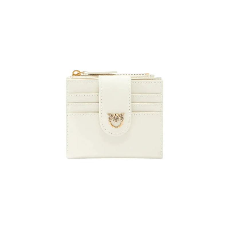 Pinko Weiße Damen-Ledergeldbörse mit elegantem Lederkartenfach, goldfarbenem Bienenverschluss und Reißverschlussanhänger.