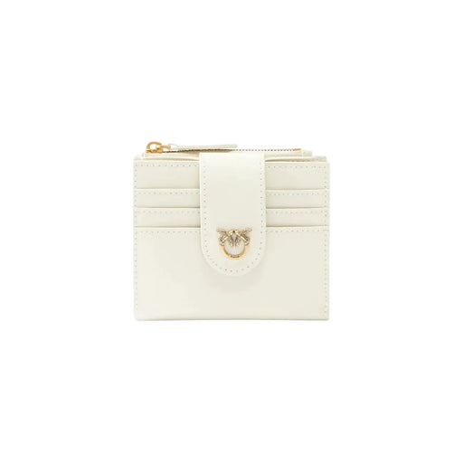Pinko Weiße Damen-Ledergeldbörse mit elegantem Lederkartenfach, goldfarbenem Bienenverschluss und Reißverschlussanhänger.