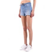 Pinko women light blue cotton shorts featuring light-wash denim, frayed hem, and gold-toned belt buckle