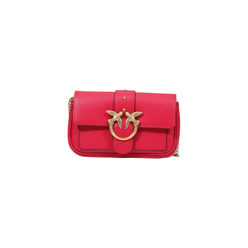 Pinko women red leather crossbody bag 20cm with vibrant red color gold-tone bird clasp and chain strap