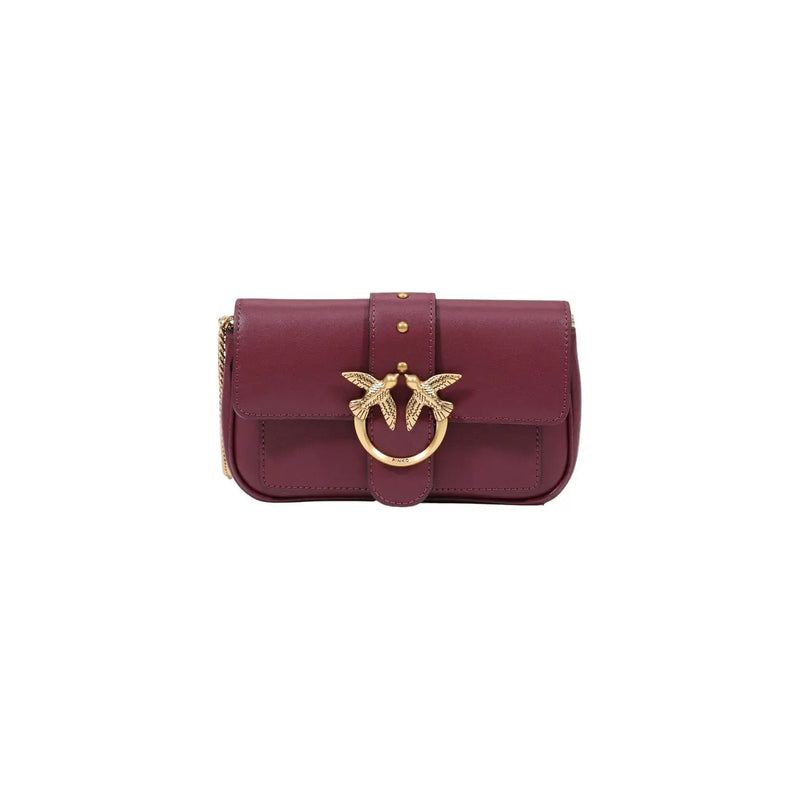 Pinko women red leather crossbody bag 20cm in burgundy with gold-tone bird clasp and chain strap