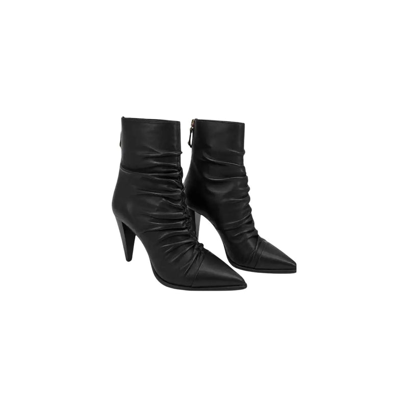 Pinko women black leather ankle boots with pointed toe, high stiletto heel, and ruched shaft detailing