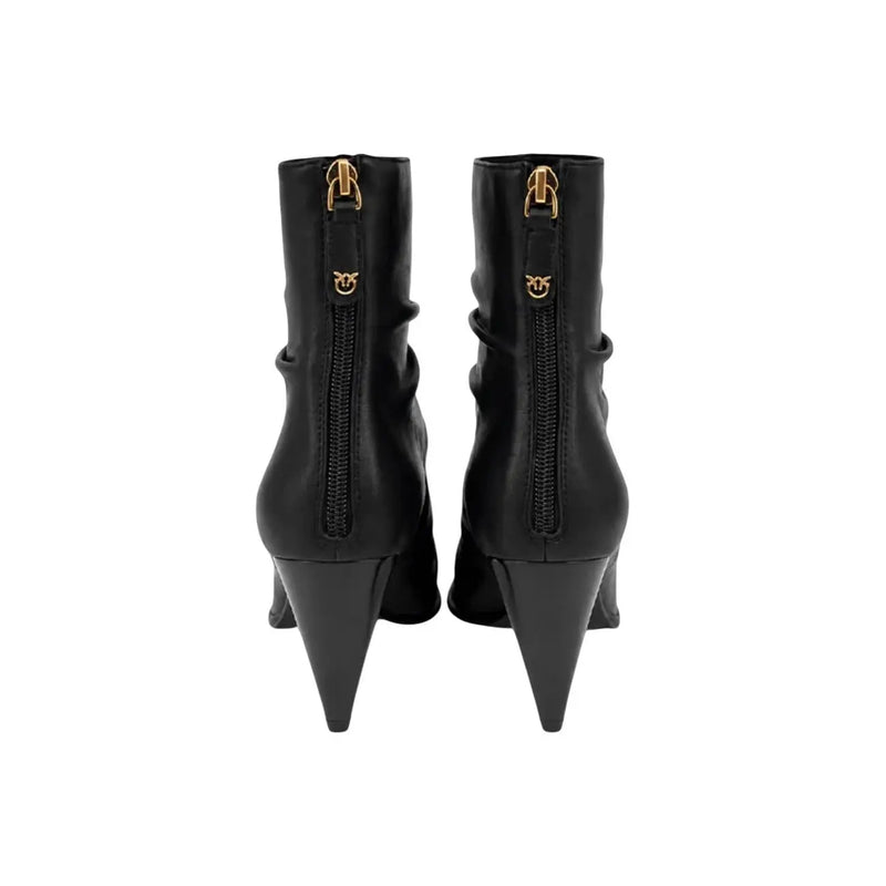 Pinko women black leather ankle boots with gold-tone zippers, distinctive logo, and sleek pointed stiletto heels