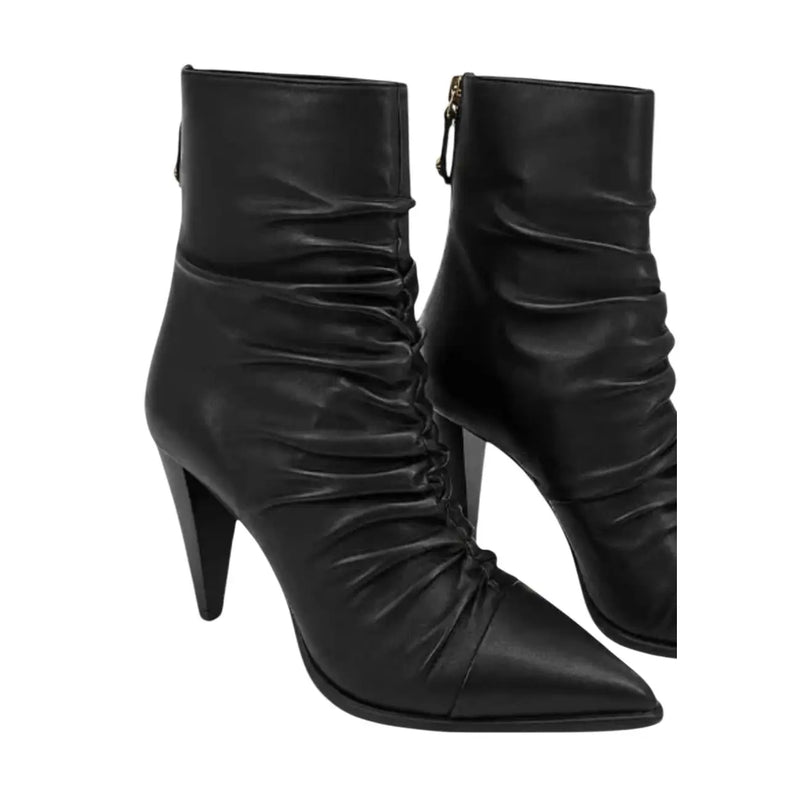 Pinko women black leather ankle boots with pointed toe ruched shaft and high stiletto heel rubber sole