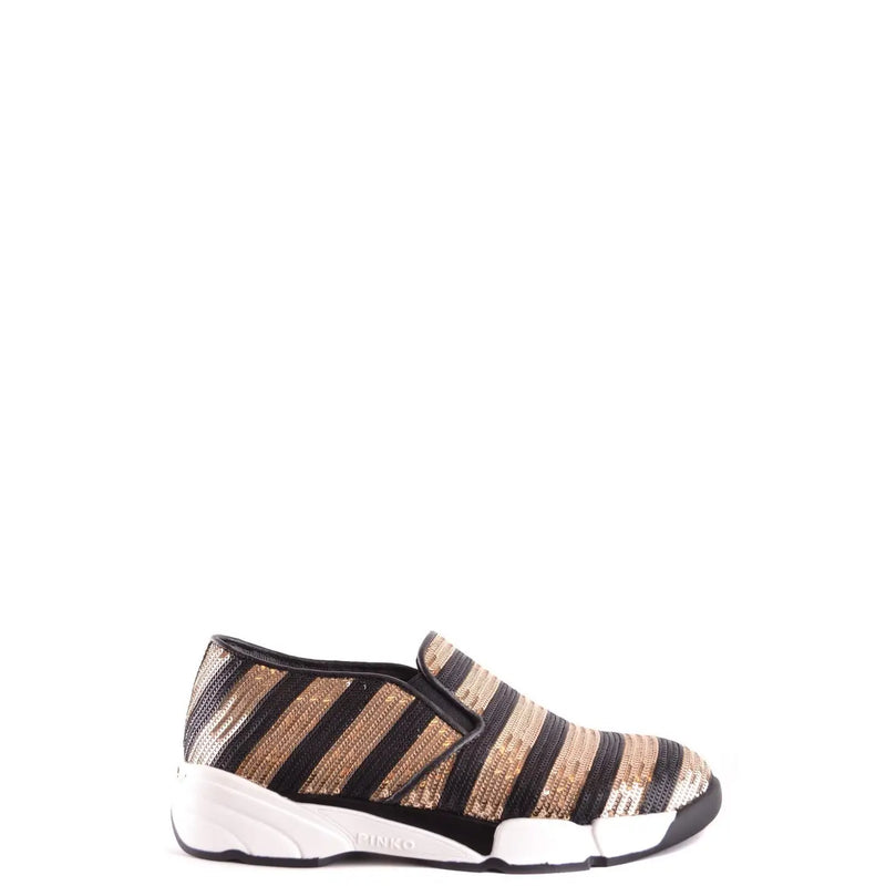 Pinko women slip on fabric sneaker with bold metallic gold and black diagonal stripes and white rubber sole shown from the back
