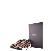 Pinko women slip on fabric sneakers in black with metallic gold sequined stripes and white rubber sole