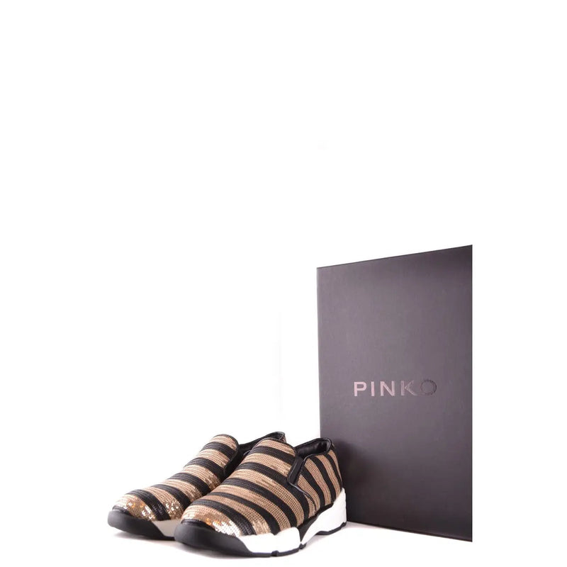 Pinko women slip on fabric sneakers in black with metallic gold sequined stripes and white rubber sole