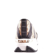 Pinko women slip on fabric sneakers black striped with black metallic gold sequined upper white sole and rose gold logo
