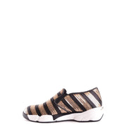 Pinko women slip on fabric sneakers black striped with gold accents and white chunky sole for casual wear