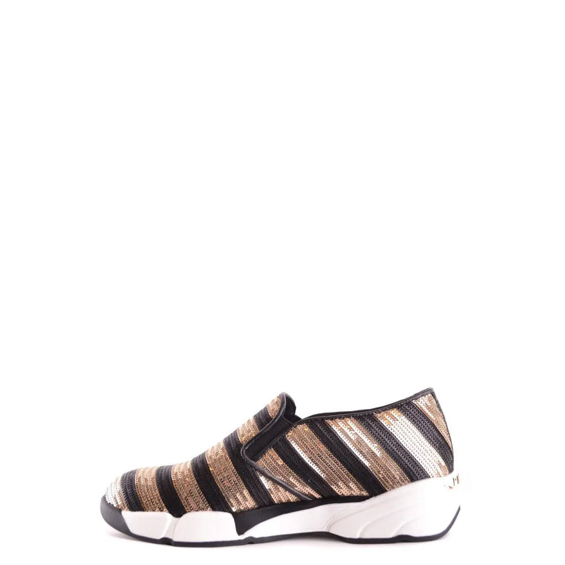 Pinko women slip on fabric sneakers black striped with gold accents and white chunky sole for casual wear