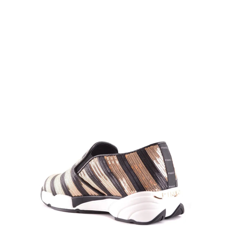 Pinko women slip on fabric sneakers in black with metallic gold striped pattern and a bold white rubber sole