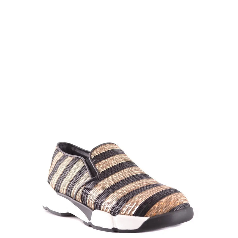 Pinko women slip on fabric sneaker with black beige and gold striped woven upper and chunky white black sole