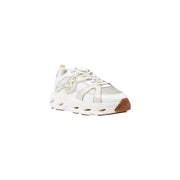 Pinko women slip on white leather sporty sneakers with beige chunky sole, mesh overlay, metallic silver accents, and brown toe cap