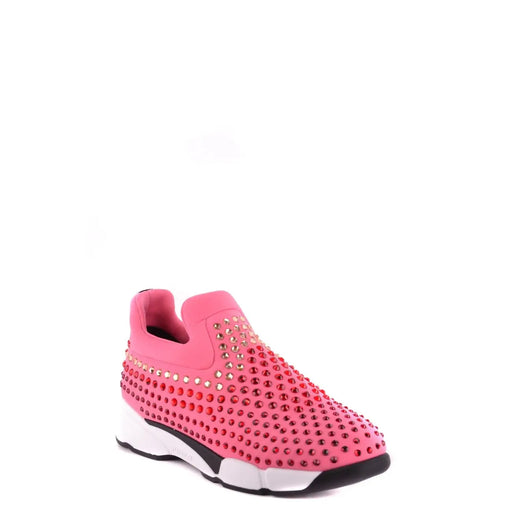 Pinko women slip-on sneakers in pink fabric with rhinestone embellishments and white black sole