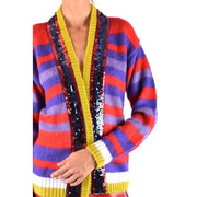 Pinko women striped mohair cardigan featuring vibrant red purple and yellow stripes with a bold sequined front panel