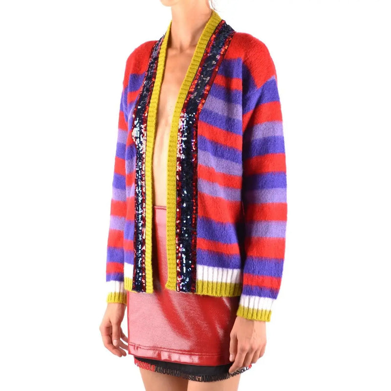 Pinko women striped mohair cardigan in vibrant red purple and yellow with sequined trim for stylish layering