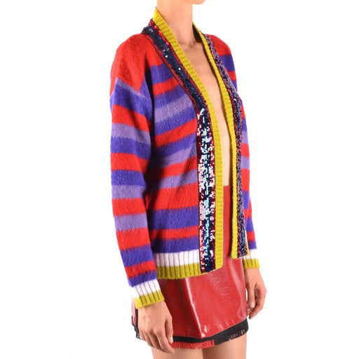 Pinko Gestreifte Damen-Strickjacke aus Mohair in leuchtendem Rot, Lila und Gelb mit Paillettenbesatz und mehrfarbigem Design