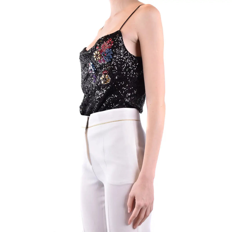 Pinko Frauen top schwarzes Pailletten-Top mit bunten, floralen Polyamid-Trägern, ärmellos, Größe B42380