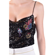 Pinko schwarzes, ärmelloses Crop-Top für Damen top mit dünnen Trägern aus Polyamidgewebe und farbenfrohen, perlenbesetzten Blumenapplikationen
