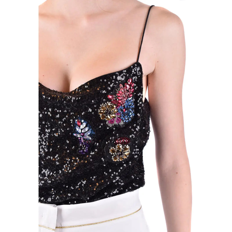 Pinko schwarzes, ärmelloses Crop-Top für Damen top mit dünnen Trägern aus Polyamidgewebe und farbenfrohen, perlenbesetzten Blumenapplikationen