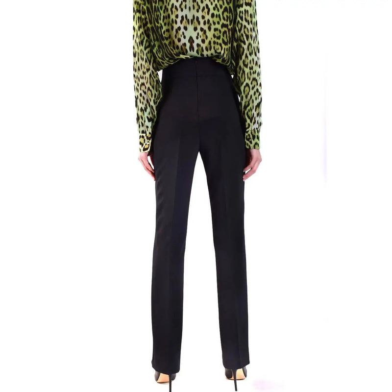 Pinko Schwarze, hochgeschnittene Damenhose mit geradem Bein aus Polyester mit Reißverschluss, von vorne gesehen.