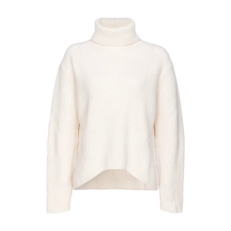 Pinko Damen-Rollkragenpullover aus Wolle und Kaschmir in Creme mit Rippstrick und leicht asymmetrischem Saum