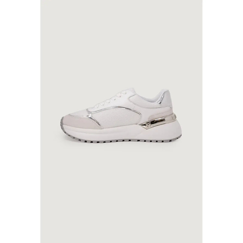 Pinko women white leather lace up sneaker with chunky sole and silver metallic accents on side and heel