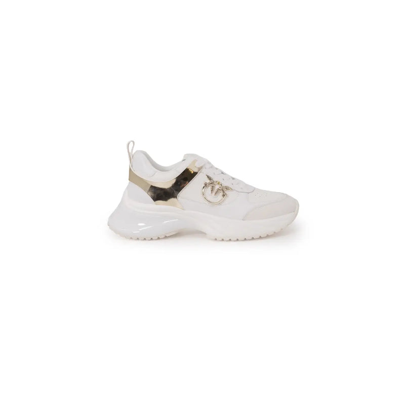 Pinko women white leather lace up sneaker with gold metallic accents and prominent logo for spring summer use