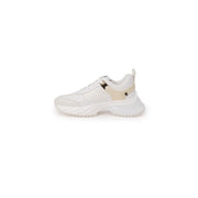 Pinko women white leather lace up sneaker with chunky sole and beige metallic gold side strap for spring summer