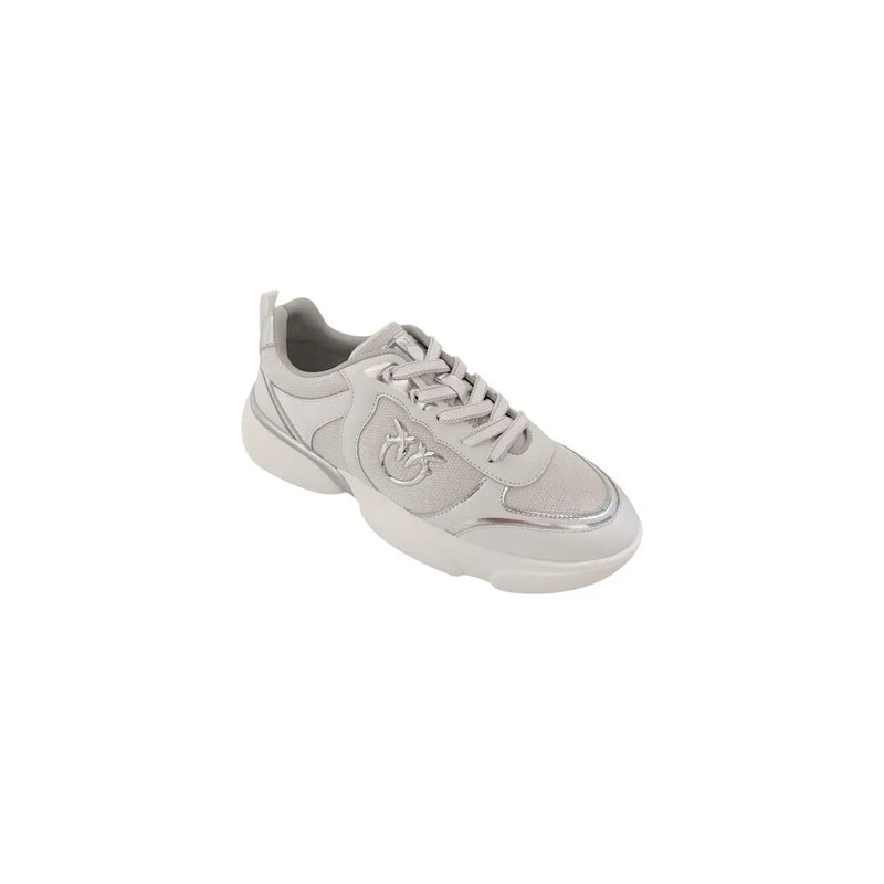 Pinko women white leather slip on sneakers with light gray suede, synthetic upper, chunky white sole, and silver logo detail
