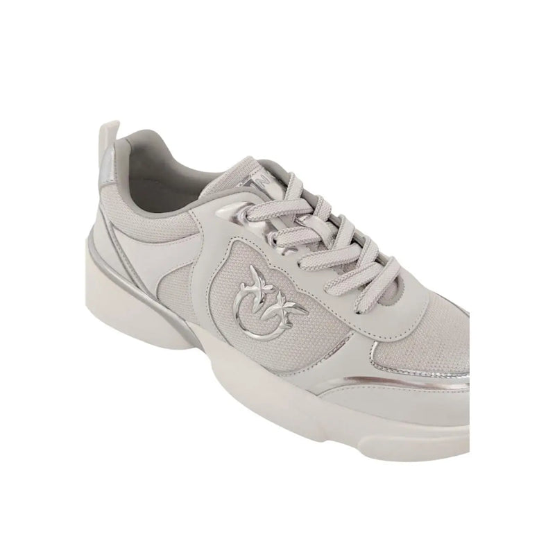 Pinko women white leather slip on sneakers with silver mesh upper metallic logo and chunky rubber sole