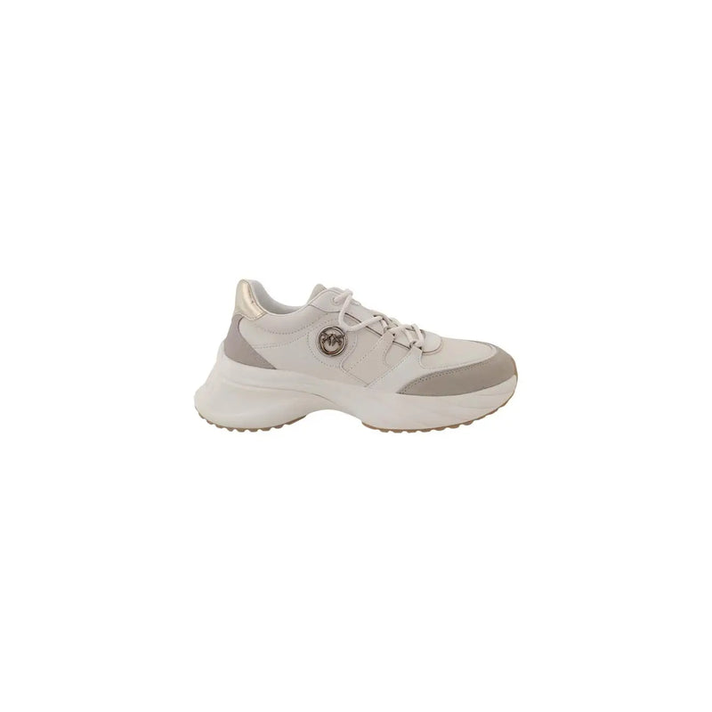 Pinko women white slip on polyester sneakers with off-white light gray chunky textured leather upper and metallic logo detail
