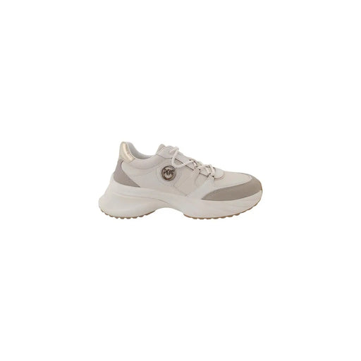 Pinko Weiße Damen-Sneaker aus Polyester zum Hineinschlüpfen mit cremeweißem, hellgrauem, grob strukturiertem Leder-Obermaterial und metallischem Logo-Detail