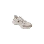 Pinko women white slip on polyester sneakers with beige leather upper panels and chunky sole featuring metallic logo